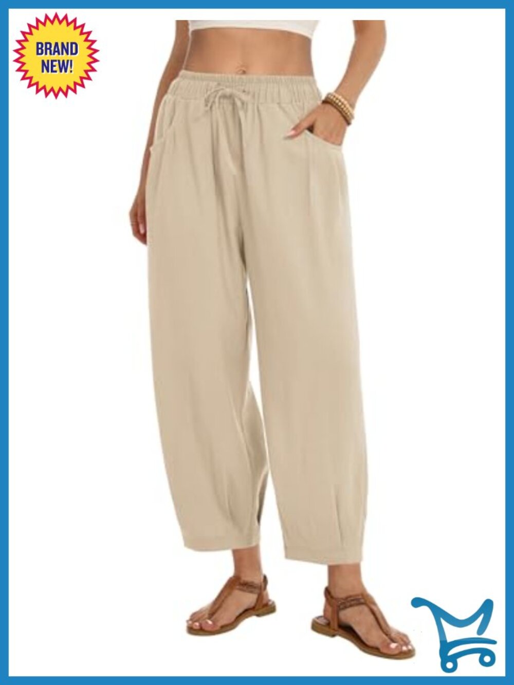 Women Linen Wide Leg Palazzo Pants Elastic Waist Drawstring Ankle Beach